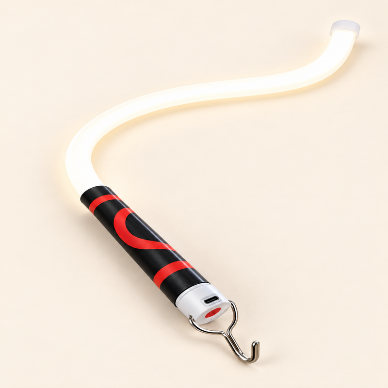 FlexTorch 29-inch bendable LED work light switched on, with black and red grip handle, USB-C charging port and removable metal hook, on a neutral beige background.